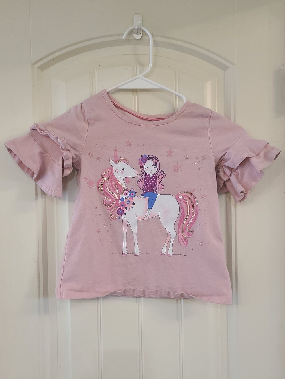 Isaac Mizrahi Girl's Pink Unicorn Graphic Ruffle Sleeve Tee Size S